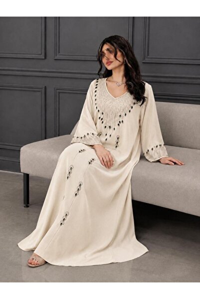 Mar style High-End Green Embroidery V-Neck Jalabiya