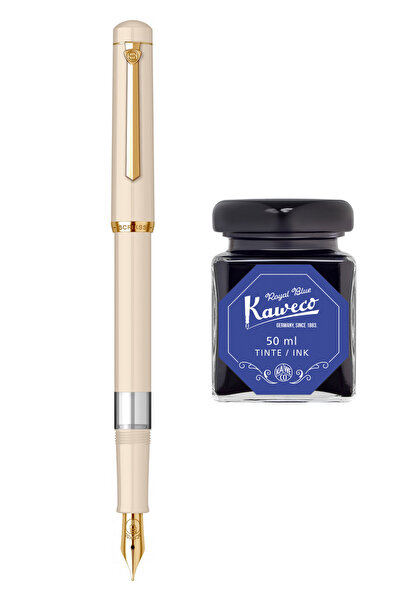 Scrikss Pistonlu Bej Dolma Kalem + Kaweco 50 ml Mavi Şişe Mürekkep (Wiz Design)