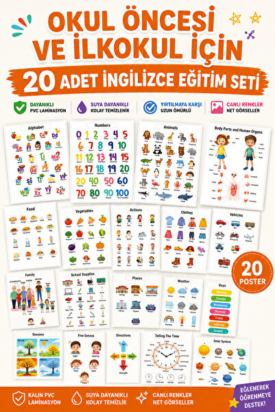 Ayışığı Dizayn İngilizce Eğitim Seti 20'li PVC Poster | Okul Öncesi ve İlkoku...