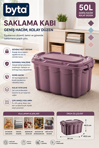 BYTA 50 Liter Large Size Multi-Purpose Storage Box with Lid Durable Plastic O...