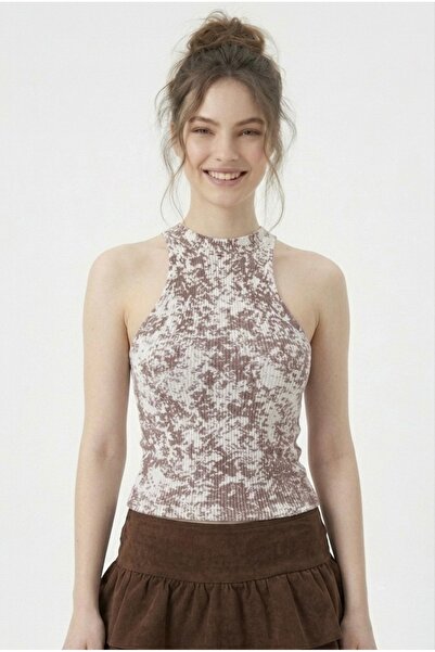 Neden Tekstil Women's Ribbed Printed White Coffee Halter Neck Crop Blouse
