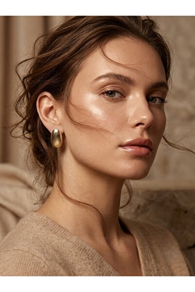 Nuveria Women's Gold Color Textured Vintage Oval Earrings Elegant Design