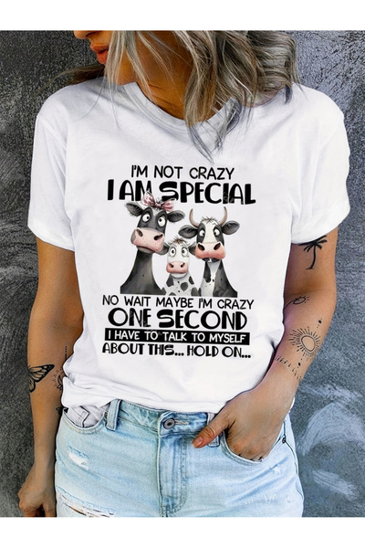 23 nisan Women's Cute Cartoon Cow Pattern T-Shirt - "I'm Not Crazy, I'm Speci...