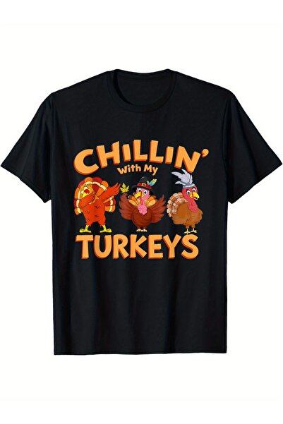 212Wear تي شيرت عيد الشكر - تصميم Chillin' My Turkeys، قميص أسود للجنسين مع ر...