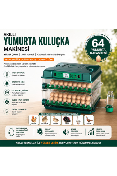 PowerS-Pro 64 Yumurta Tam Otomatik Kuluçka Makinesi Dijital Isı Nem Kontrollü...