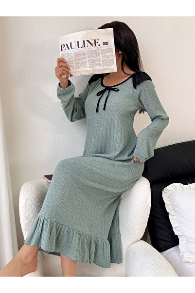 Take Two By Styli Blue Textured Ruffled Hem Nightdress