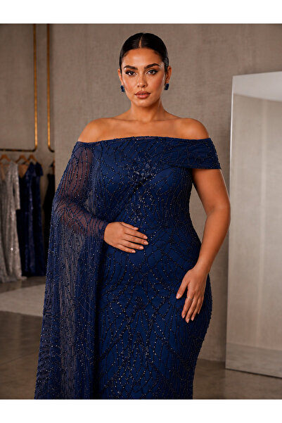 Lovely Dress Gray Boat Neckline Stone Embellished One-Sleeve Cape Detailed Fi...