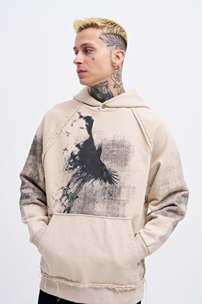 Machinist Men's Tumbled Printed Hooded Sweatshirt Light Beige