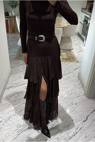 Olbia Women's Brown Belted Layered Chiffon Skirt with Slits