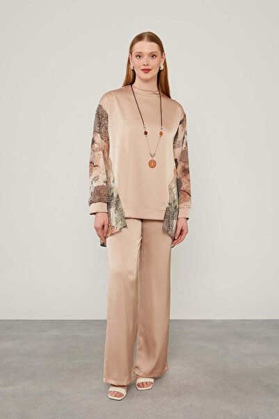 Levidor Satin Tunic Set - Khaki Sleeves Patterned