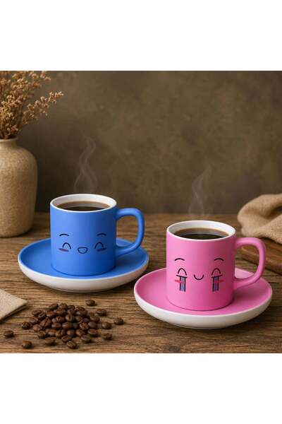 Bk Gift Set of 2 Blue and Pink Colored Emoji Face Design Ceramic Turkish Coff...