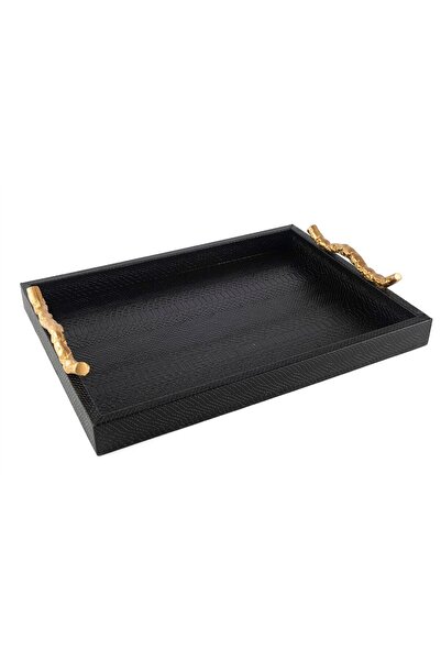 Mikasa Moor Black Leather Tray with Gold Handles 45X33X4Cm