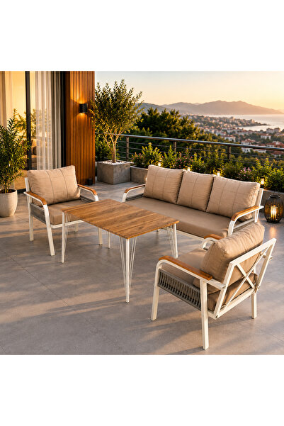 UFUK HOME Defne 311 Masalı Örgülü Bahçe Oturma Grubu Metal İskelet Balkon Ter...