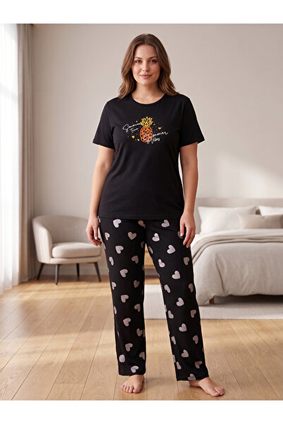 sleeproom Büyük Beden Yazlık Kalp Desen Ananas Desen Siyah Penye Pijama Takım