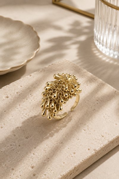 Sevil Gülgün Atelier Light Gold Adjustable Women's Ring with Movable Cluster Detail – Stylish Modern Design Ring
