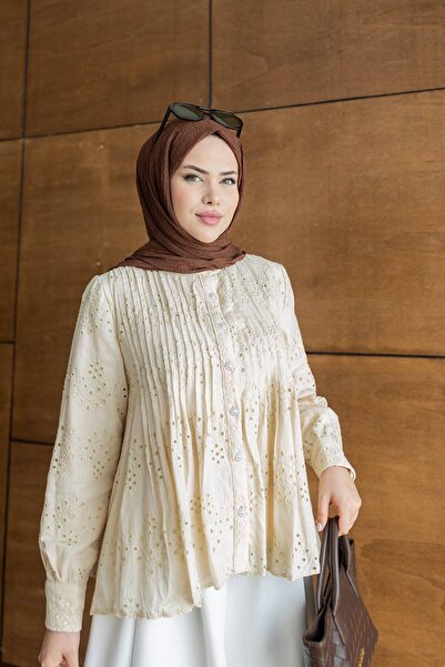 Nes Moda Kadın Önü Düğme Detaylı Fisto Brode Tesettür Gömlek