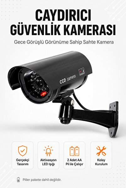 Arvital Caydırıcı Maket Güvenlik Kamerası Kırmızı LED Işıklı 2 AA Pilli Gerçe...