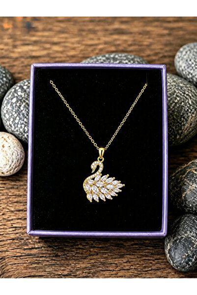 RARİ AKSESUAR Gold Renk Zirkon Kuğu Paslanmaz Çelik Kolye