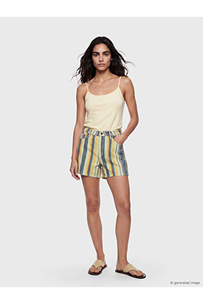 LC Waikiki Yellow High Waist Striped Women's Jean Shorts