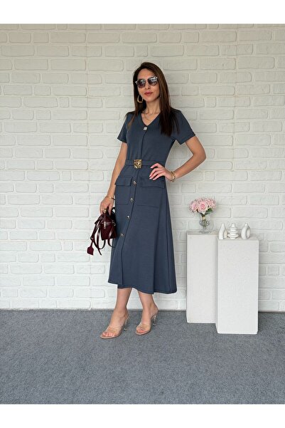 Goncalya Gold Buckle Midiboy Modal Dress