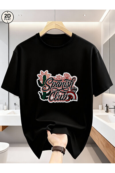 STITCHLY تي شيرت أسود بتصميم نبات الصبار الإسباني والزهور للارتداء اليومي