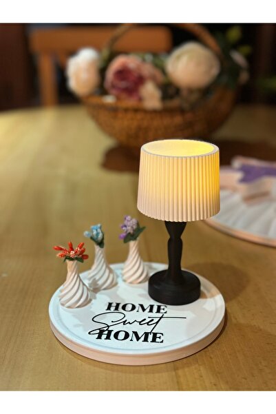 Dezora Home Home Sweet Home Dekoratif Tepsi Seti – Mini Abajur ve 3'lü Vazo E...