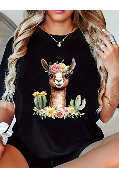 BASEPULSE A Solid Color T-Shirt with an Alpaca Print a Round Neck, Perfect fo...