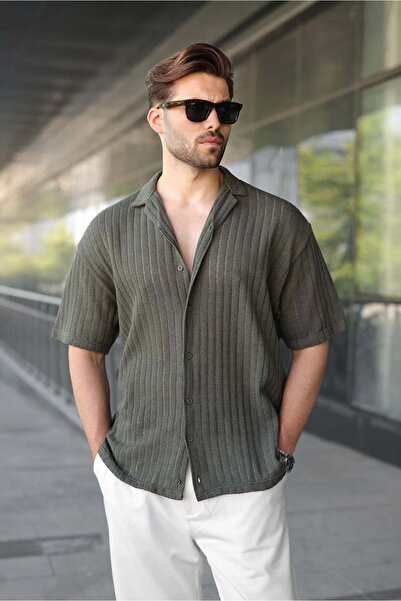 Madmext Khaki Overfit Striped Jacquard Men's Shirt E6770