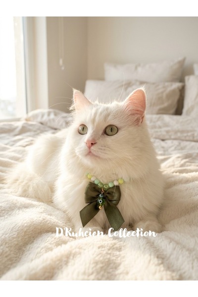 D'Kuhçien Adjustable Cat Collar, Tag, Pendant, Cat Light Green Bead Cat Neckl...