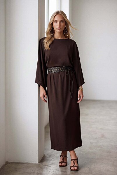 Trend Alaçatı Stili Women's brown batwing sleeve ruched waist belted dress al...