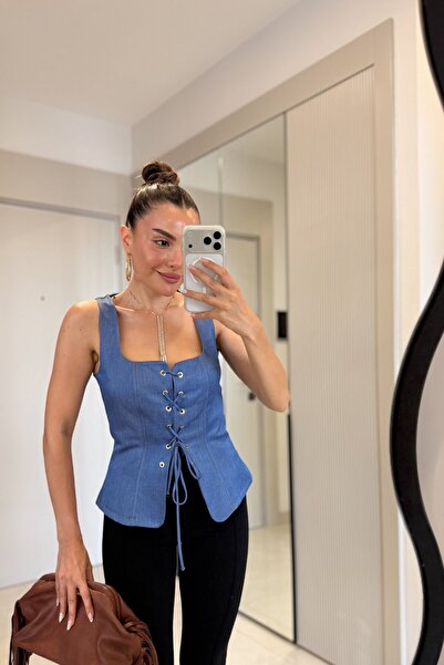 Gizem Ecemiş Wody Midblue Bağcık Detaylı Denim Büstiyer