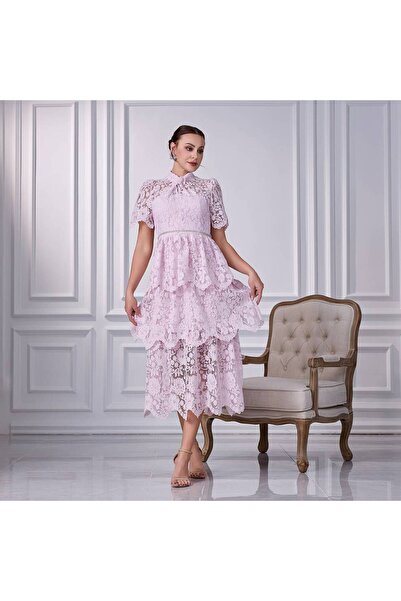 OEMS Women's Dress with Special Guipure and Bright Color - Pink - L