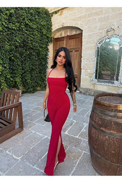 kırmızı butiks Red Jumpsuit with Back Drawstring and Slits