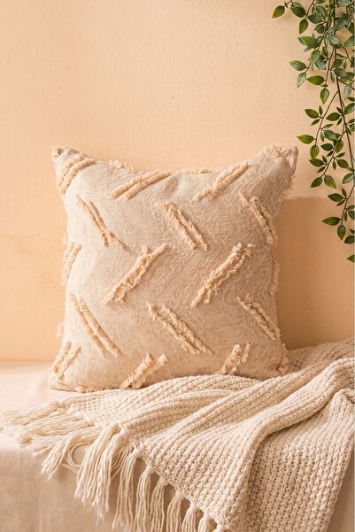 Rivaİstanbul Sand Beige Line Patterned Embossed Textured Decorative Throw Pil...