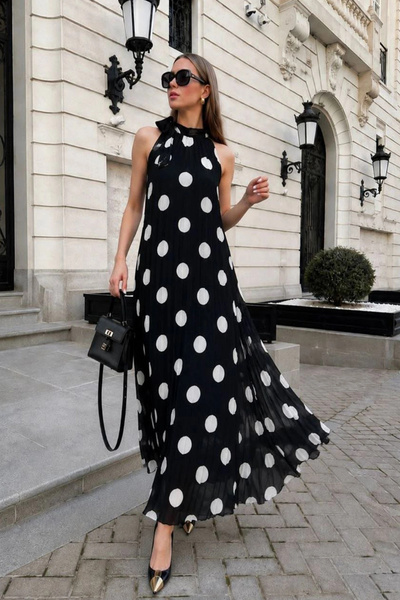 AsprinFashion Women's Imported Black and White Polka Dot Maxi Dress Pleated C...