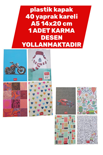 SEYFİKİRTASİYE plastik kapak 14X20 CM A5 ebat 40 yaprak kareli defter 1 adet ...