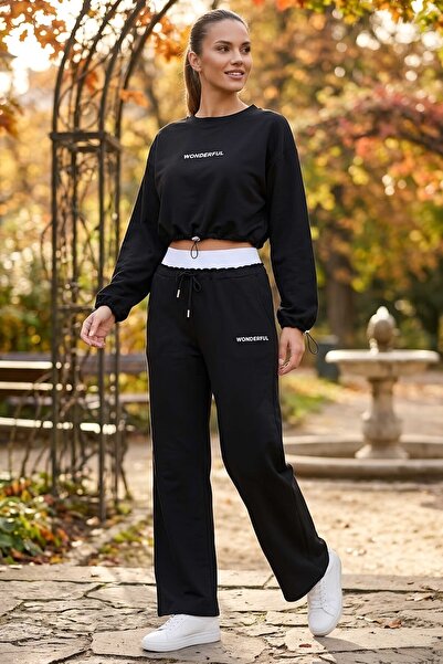 TOFİSA Σετ Φόρμας Oversize Crop Μαύρο - 28609-ΜΑΥΡΟ