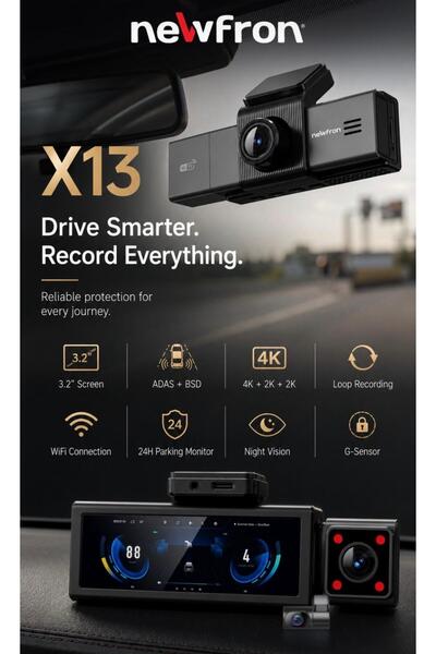 Mehter NF-X13 3Kameralı 4K Ekranlı Wifi Araç Dvr Kamera 512gb Destekli G Sensör Telefondan İzleme 4k UHd