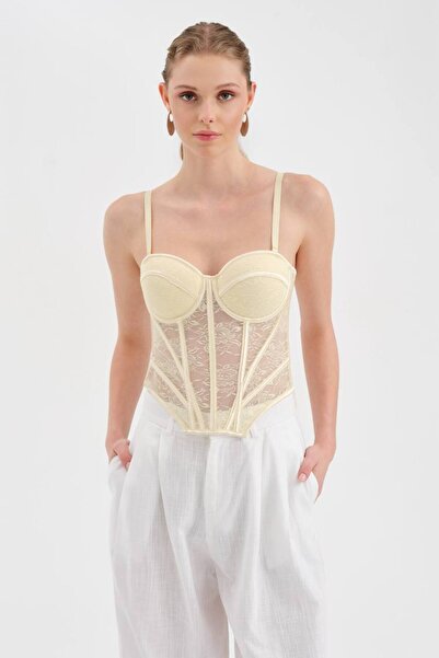 tw3 Women's Corset with Chest Pads and Underwire, Lace Fabric Detailed Design