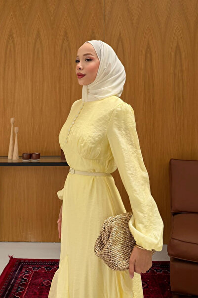fushya design Kaplama Düğmeli Volan Detaylı Kemerli Elbise