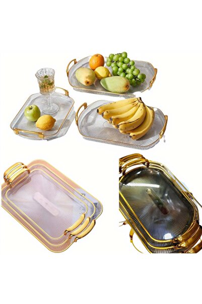 CASA JOY Tavă decorativă, set de 3, cu mâner, transparentă, mărimi diferite, ...