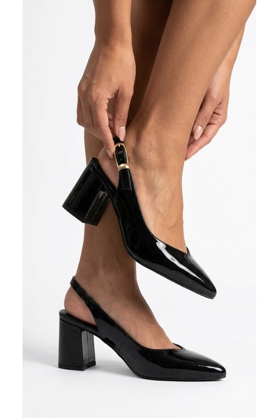 Eysha Navıen Women's Thick Heeled Shoes Patent Leather Pointed Toe Slingback ...