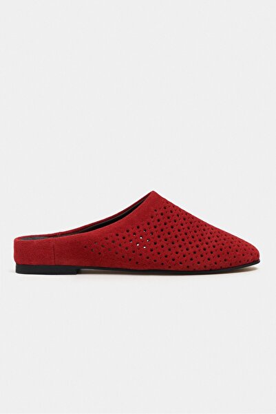 NİŞANTAŞI SHOES Palya Червени велурени дамски чехли от естествена кожа с капс...