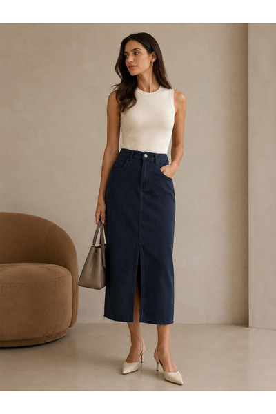 SHEVEGA Women's Navy Blue Slit Long Linen Skirt