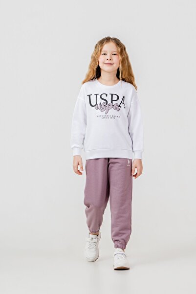 U.S. Polo Assn. طقم رياضي أبيض مطرز بأكمام طويلة للفتيات US2700-C-V1