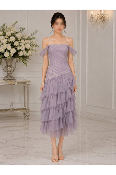Nobrand Light Purple Layered Tulle Off Shoulder Midi Evening Dress