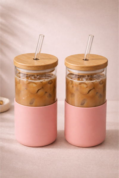 Woodcept. 2-Pack Glass Cups with Bamboo Lids and Glass Straws 500 Ml, Heat-Re...