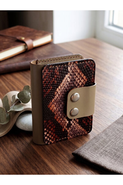 LUNA LUSTER Genuine Leather Snake Print 6-Compartment Brown Cream Minimalist ...