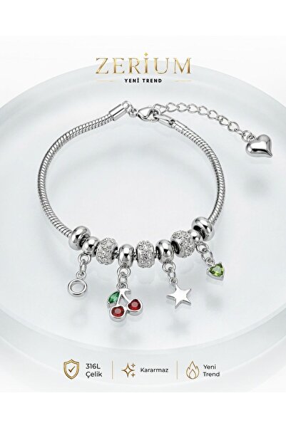 ZERİUM Women's Silver Color Steel Bracelet with Dangle Cherry Star Charm