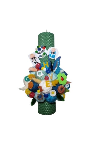 OEM Lumânare tip fagure pentru botezul unui băiat, decorată cu ghemuri de fir...